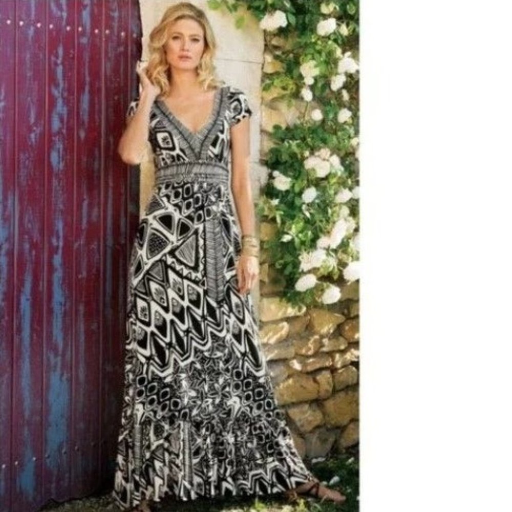 Soft Surroundings Black and White Floral Geometric Maxi Dress Women's XL